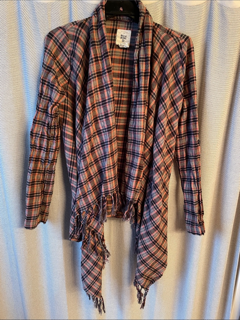 Billabong Womens Plaid Open-Front Fringe Cotton Cardigan - Rust & Black